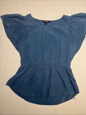 Express Women's Dusty Blue Puff-Sleeve Peplum Blouse